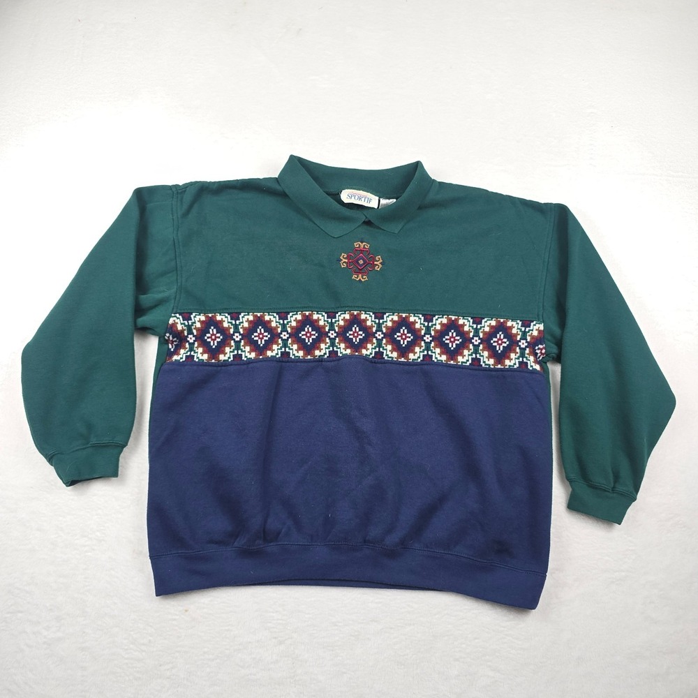 Vintage American Sportif Green Navy Geometric Colorblock Collared Sweatshirt L